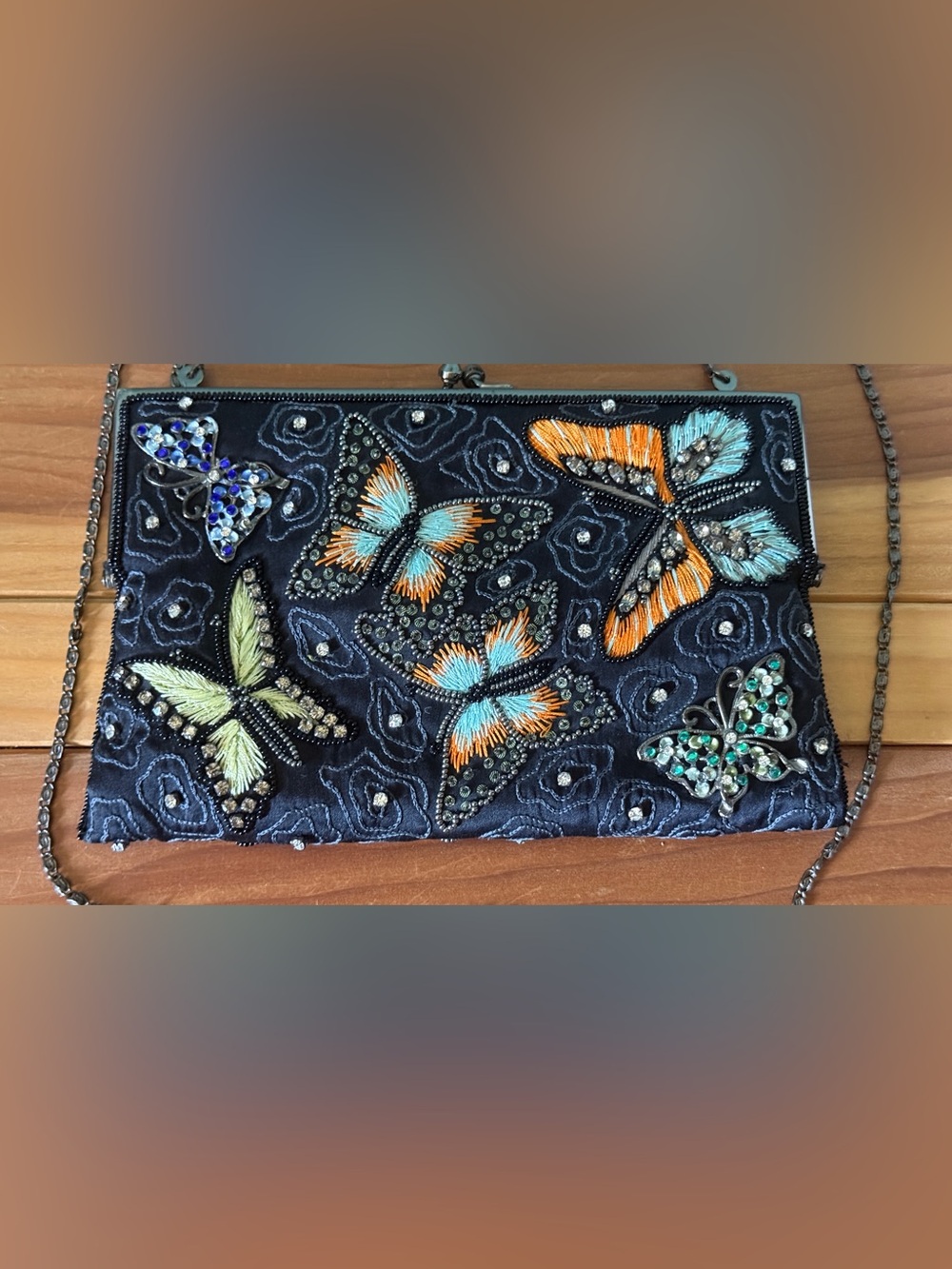 Moyna Couture Butterfly Beaded Evening Clutch Crossbody Bag Black 8.5”